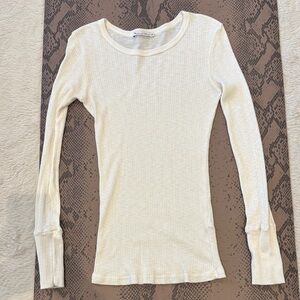Michael Stars Cream Ribbed Long-Sleeve Crewneck Top